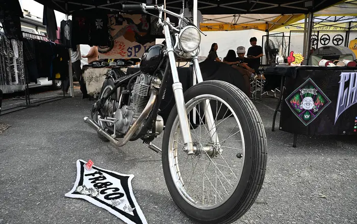DFC 4782 Classic chopper on display at a local bike show ready to hit the open road
